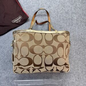 Coach Women's Tote Bag Signature 7874 Khaki Jacquard Turnlock Pockets Dust Bag